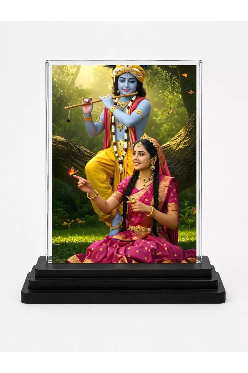 Shree Krishna Acrylic Car Dashboard Showpiece | Double-Sided Shree Krishna Photo Stand | 3 X 4 Inch Photo | Transparent Acrylic Frame With Black Base | Car Dashboard, Office & Table Decor (F71375)