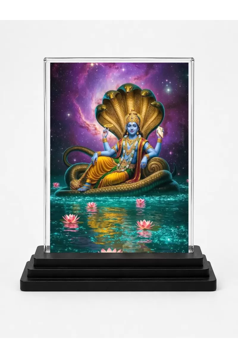 Vishnu Acrylic Car Dashboard Showpiece | Double-Sided Vishnu Photo Stand | 3 X 4 Inch Photo | Transparent Acrylic Frame With Black Base | Car Dashboard, Office & Table Decor (F71376)