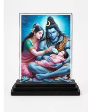 Lord Shiva And Parvati With Baby Shree Krishna Acrylic Car Dashboard Showpiece | Double-Sided Lord Shiva And Parvati With Baby Shree Krishna Photo Stand | 3 X 4 Inch Photo | Transparent Acrylic Frame With Black Base | Car Dashboard, Office & Tabl