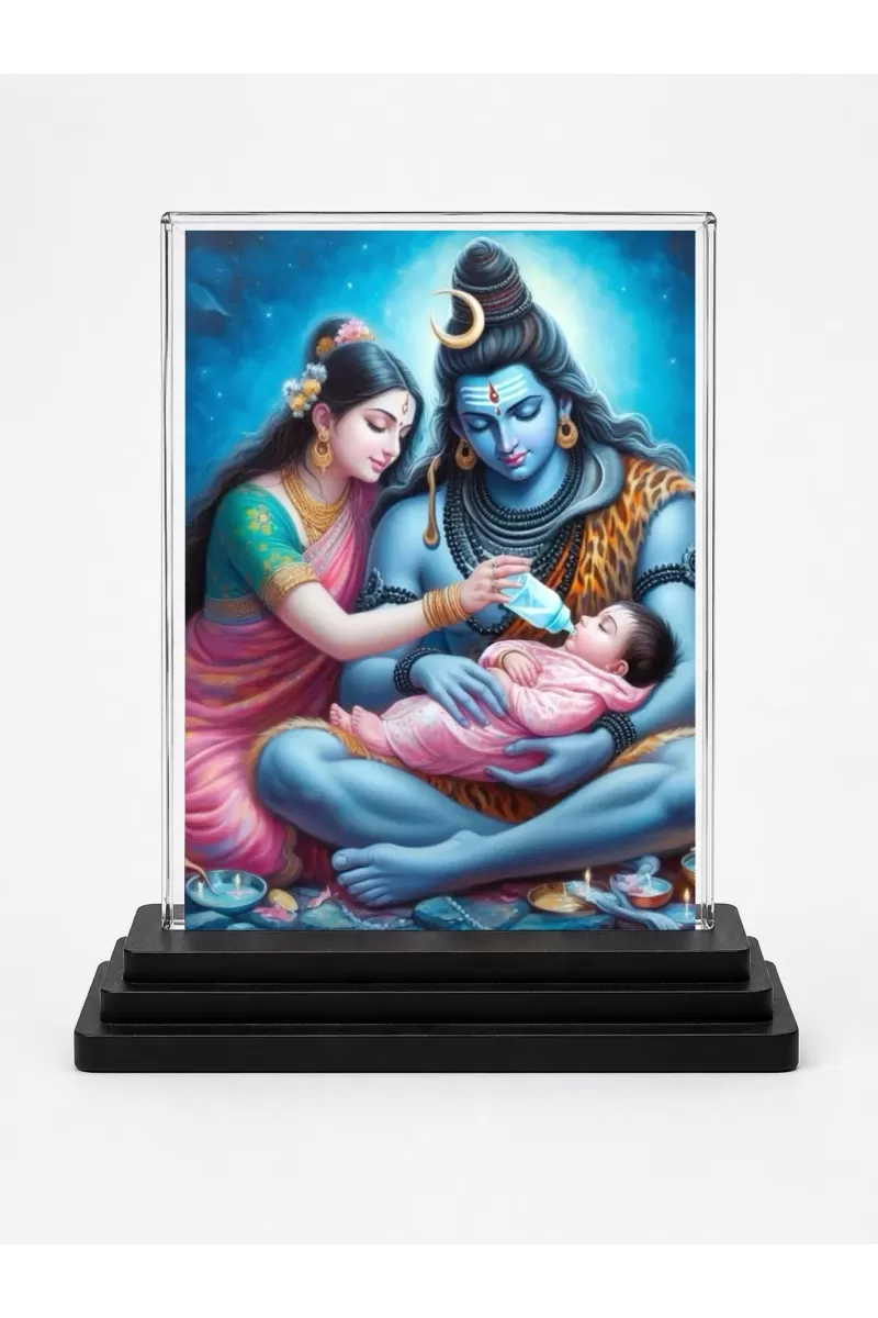 Lord Shiva And Parvati With Baby Shree Krishna Acrylic Car Dashboard Showpiece | Double-Sided Lord Shiva And Parvati With Baby Shree Krishna Photo Stand | 3 X 4 Inch Photo | Transparent Acrylic Frame With Black Base | Car Dashboard, Office & Tabl