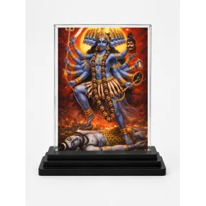 Goddess Kali Acrylic Car Dashboard Showpiece | Double-Sided Goddess Kali Photo Stand | 3 X 4 Inch Photo | Transparent Acrylic Frame With Black Base | Car Dashboard, Office & Table Decor (F71379)