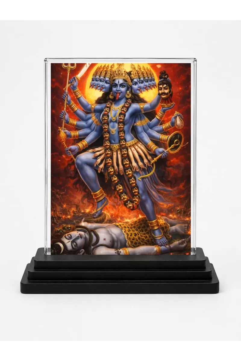 Goddess Kali Acrylic Car Dashboard Showpiece | Double-Sided Goddess Kali Photo Stand | 3 X 4 Inch Photo | Transparent Acrylic Frame With Black Base | Car Dashboard, Office & Table Decor (F71379)