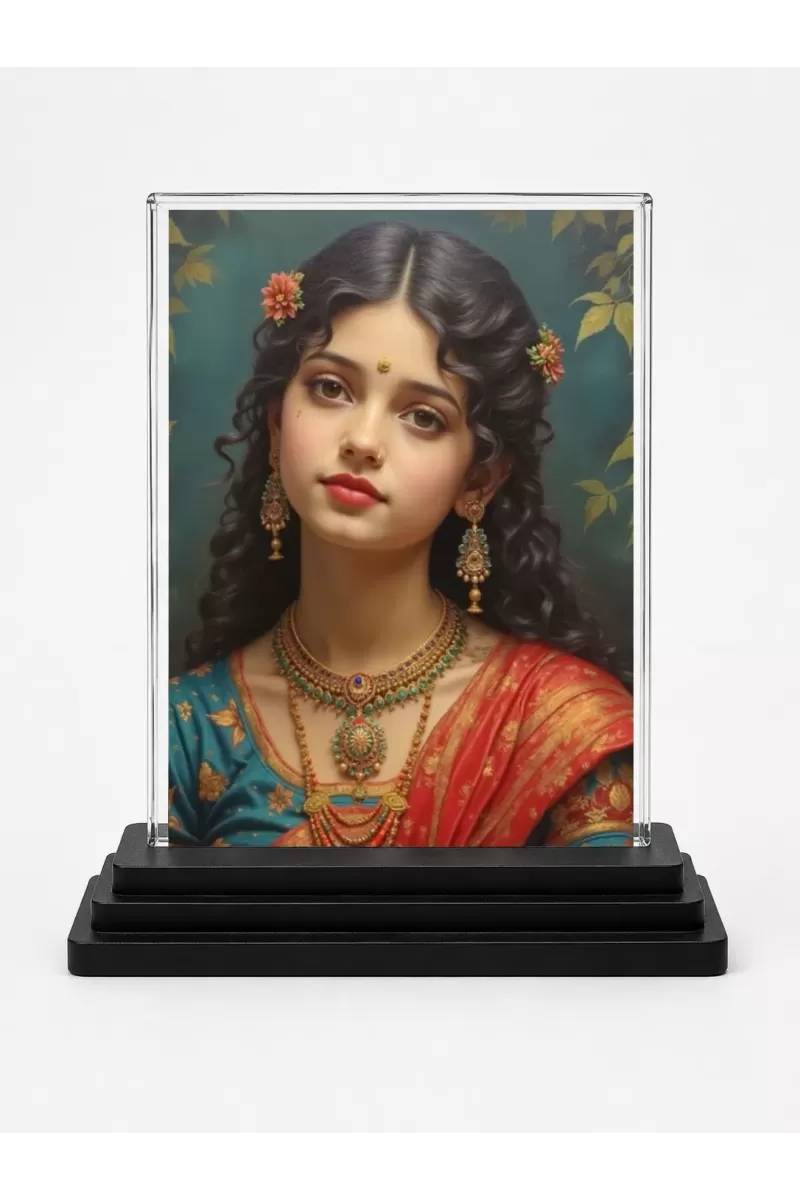 Shreee Radha Acrylic Car Dashboard Showpiece | Double-Sided Shreee Radha Photo Stand | 3 X 4 Inch Photo | Transparent Acrylic Frame With Black Base | Car Dashboard, Office & Table Decor (F71381)