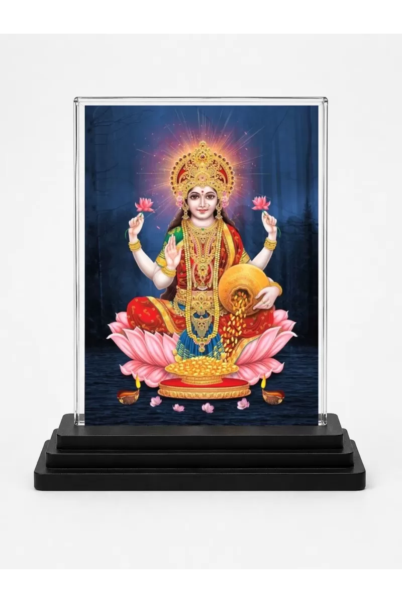 Lakshmi Acrylic Car Dashboard Showpiece | Double-Sided Lakshmi Photo Stand | 3 X 4 Inch Photo | Transparent Acrylic Frame With Black Base | Car Dashboard, Office & Table Decor (F71384)