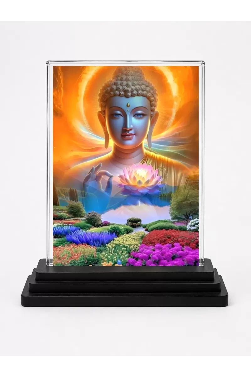 Gautama Buddha Acrylic Car Dashboard Showpiece | Double-Sided Gautama Buddha Photo Stand | 3 X 4 Inch Photo | Transparent Acrylic Frame With Black Base | Car Dashboard, Office & Table Decor (F71386)