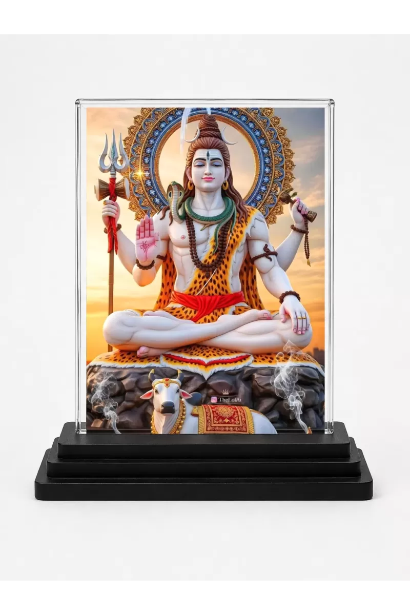 Lord Shiva Acrylic Car Dashboard Showpiece | Double-Sided Lord Shiva Photo Stand | 3 X 4 Inch Photo | Transparent Acrylic Frame With Black Base | Car Dashboard, Office & Table Decor (F71387)