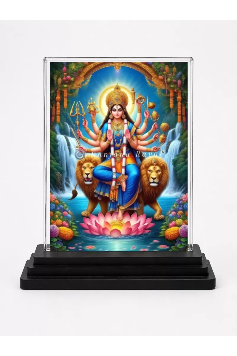 Durga Acrylic Car Dashboard Showpiece | Double-Sided Durga Photo Stand | 3 X 4 Inch Photo | Transparent Acrylic Frame With Black Base | Car Dashboard, Office & Table Decor (F71394)