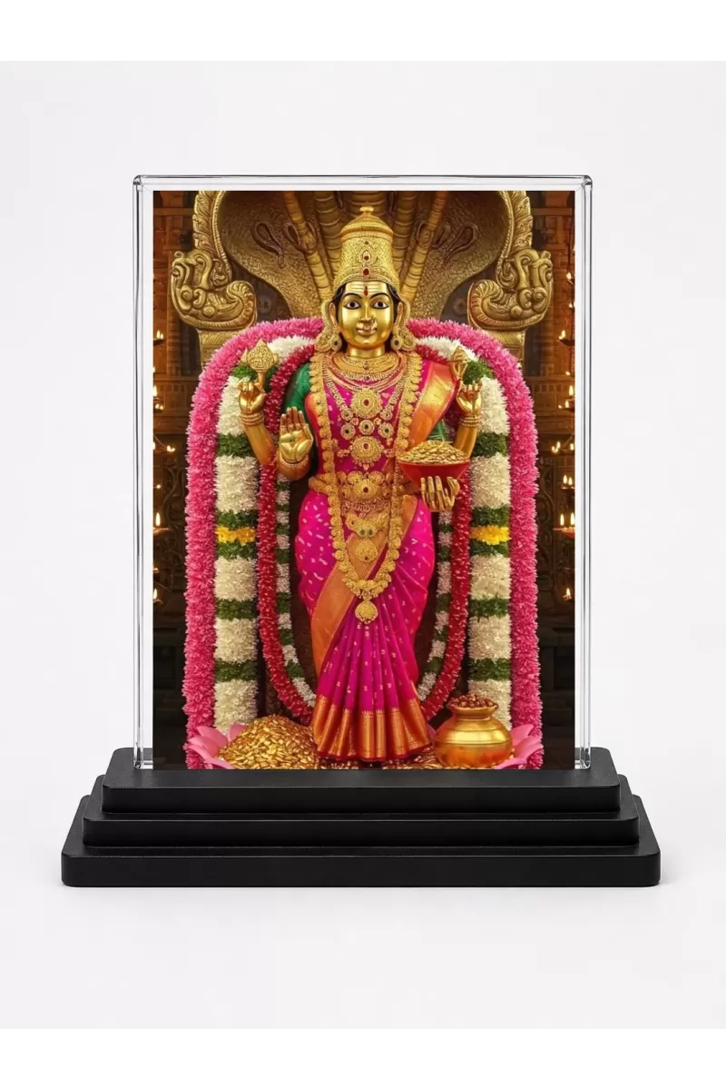 Lakshmi Acrylic Car Dashboard Showpiece | Double-Sided Lakshmi Photo Stand | 3 X 4 Inch Photo | Transparent Acrylic Frame With Black Base | Car Dashboard, Office & Table Decor (F71395)
