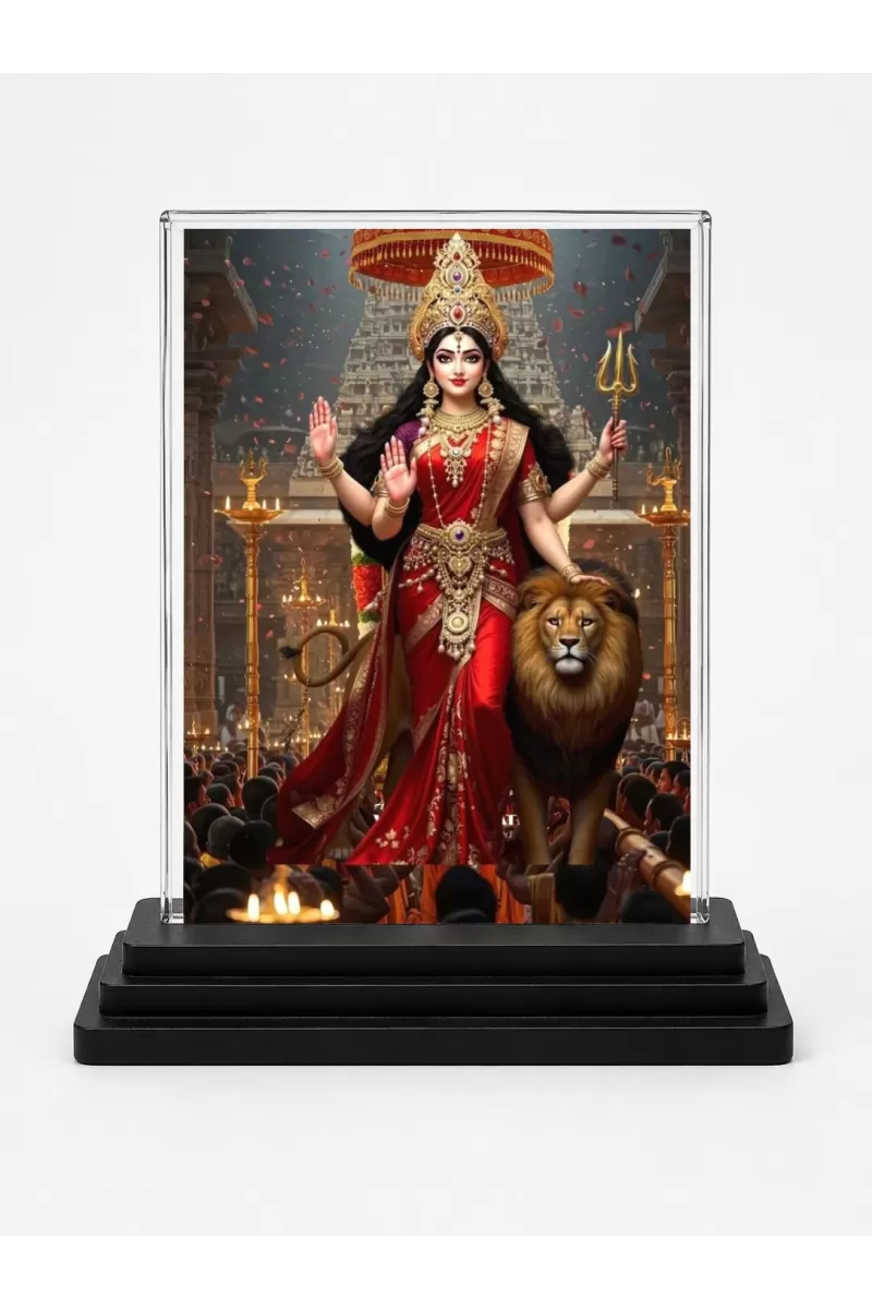 Durga Acrylic Car Dashboard Showpiece | Double-Sided Durga Photo Stand | 3 X 4 Inch Photo | Transparent Acrylic Frame With Black Base | Car Dashboard, Office & Table Decor (F71398)