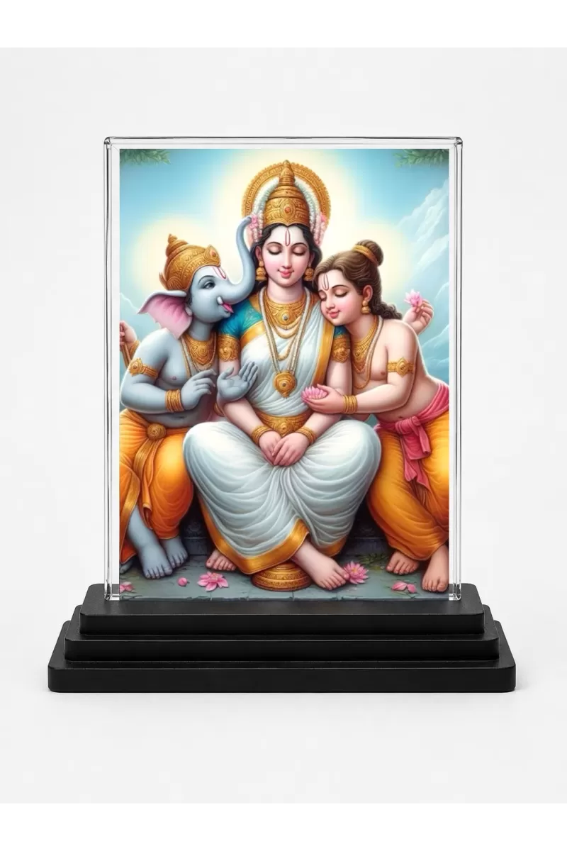 Lord Shiva With Parvati And Lord Ganesha Acrylic Car Dashboard Showpiece | Double-Sided Lord Shiva With Parvati And Lord Ganesha Photo Stand | 3 X 4 Inch Photo | Transparent Acrylic Frame With Black Base | Car Dashboard, Office & Table Decor (F71