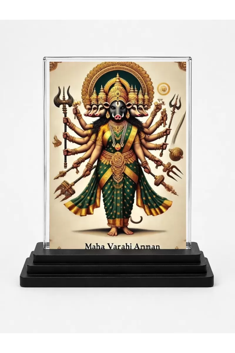 Maha Varahi Anman Acrylic Car Dashboard Showpiece | Double-Sided Maha Varahi Anman Photo Stand | 3 X 4 Inch Photo | Transparent Acrylic Frame With Black Base | Car Dashboard, Office & Table Decor (F71401)