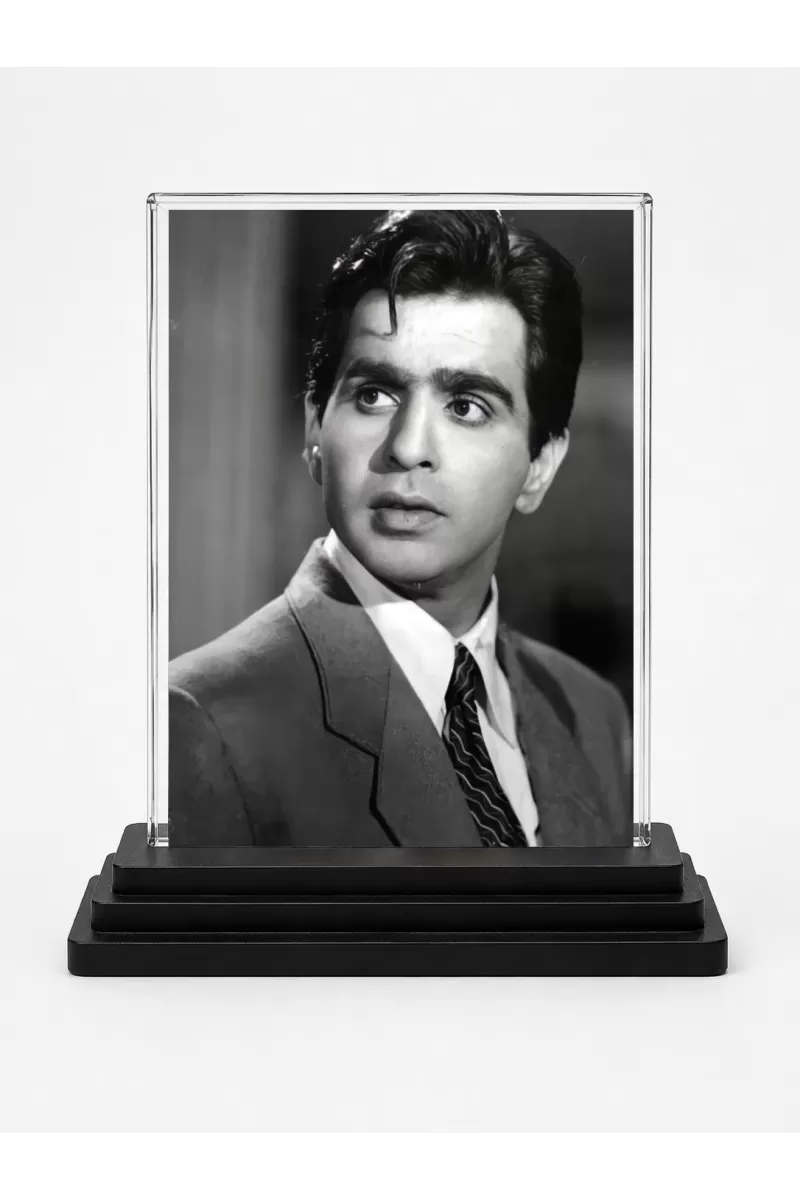 Mr. Dilip Kumar Acrylic Car Dashboard Showpiece | Double-Sided Mr. Dilip Kumar Photo Stand | 3 X 4 Inch Photo | Transparent Acrylic Frame With Black Base | Car Dashboard, Office & Table Decor (F71403)