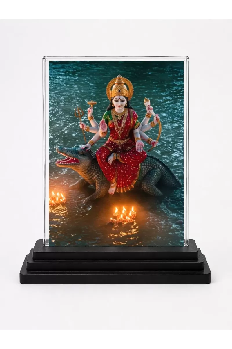 Durga Acrylic Car Dashboard Showpiece | Double-Sided Durga Photo Stand | 3 X 4 Inch Photo | Transparent Acrylic Frame With Black Base | Car Dashboard, Office & Table Decor (F71404)