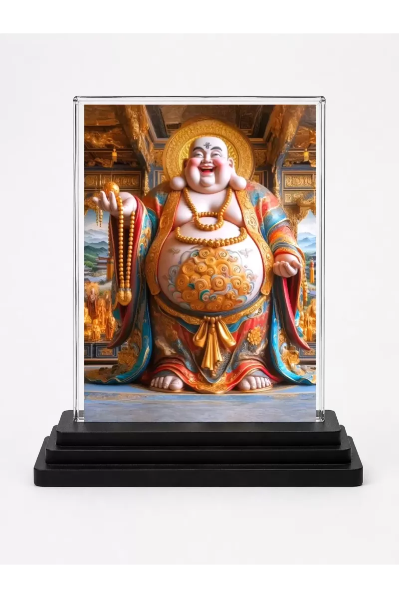 Budai Acrylic Car Dashboard Showpiece | Double-Sided Budai Photo Stand | 3 X 4 Inch Photo | Transparent Acrylic Frame With Black Base | Car Dashboard, Office & Table Decor (F71405)