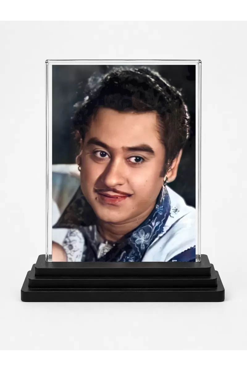 Shree Kishore Kumar Acrylic Car Dashboard Showpiece | Double-Sided Shree Kishore Kumar Photo Stand | 3 X 4 Inch Photo | Transparent Acrylic Frame With Black Base | Car Dashboard, Office & Table Decor (F71406)