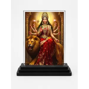 Durga Acrylic Car Dashboard Showpiece | Double-Sided Durga Photo Stand | 3 X 4 Inch Photo | Transparent Acrylic Frame With Black Base | Car Dashboard, Office & Table Decor (F71407)