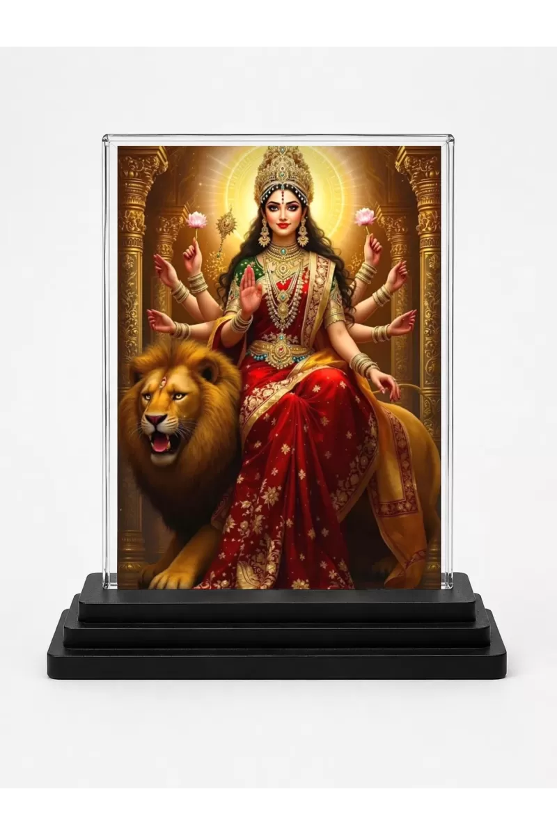 Durga Acrylic Car Dashboard Showpiece | Double-Sided Durga Photo Stand | 3 X 4 Inch Photo | Transparent Acrylic Frame With Black Base | Car Dashboard, Office & Table Decor (F71407)
