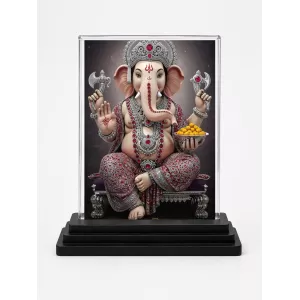 Lord Ganesha Acrylic Car Dashboard Showpiece | Double-Sided Lord Ganesha Photo Stand | 3 X 4 Inch Photo | Transparent Acrylic Frame With Black Base | Car Dashboard, Office & Table Decor (F71408)