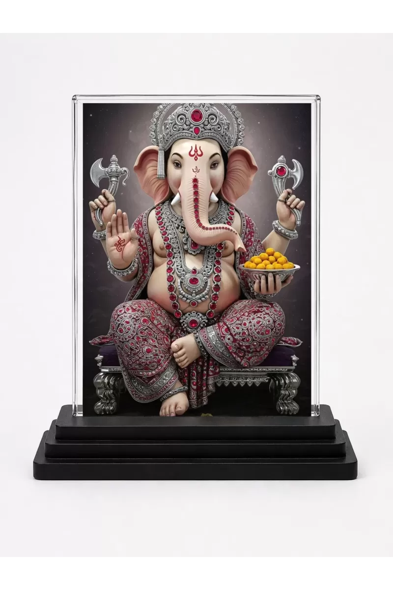 Lord Ganesha Acrylic Car Dashboard Showpiece | Double-Sided Lord Ganesha Photo Stand | 3 X 4 Inch Photo | Transparent Acrylic Frame With Black Base | Car Dashboard, Office & Table Decor (F71408)