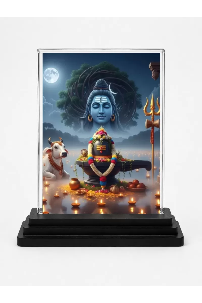 Lord Shiva Acrylic Car Dashboard Showpiece | Double-Sided Lord Shiva Photo Stand | 3 X 4 Inch Photo | Transparent Acrylic Frame With Black Base | Car Dashboard, Office & Table Decor (F71409)