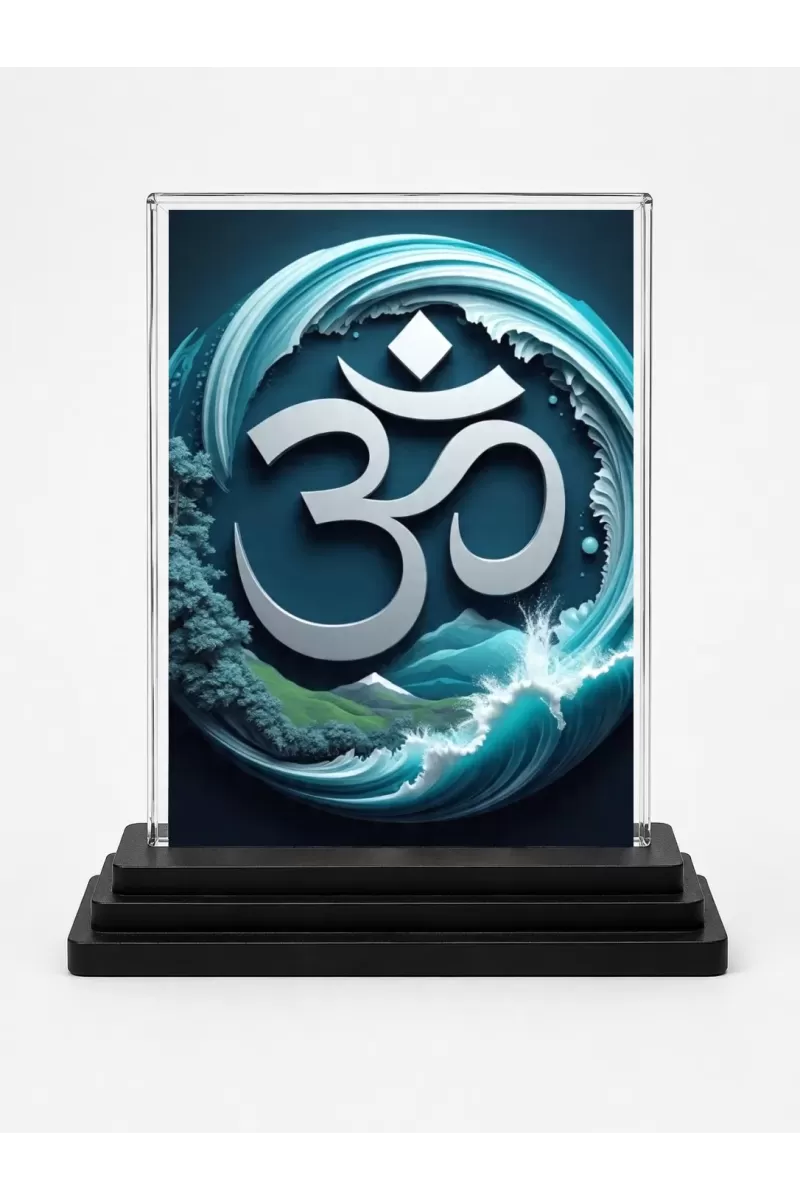 Om Acrylic Car Dashboard Showpiece | Double-Sided Om Photo Stand | 3 X 4 Inch Photo | Transparent Acrylic Frame With Black Base | Car Dashboard, Office & Table Decor (F71410)