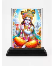 Shree Krishna Acrylic Car Dashboard Showpiece | Double-Sided Shree Krishna Photo Stand | 3 X 4 Inch Photo | Transparent Acrylic Frame With Black Base | Car Dashboard, Office & Table Decor (F71411)