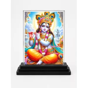Shree Krishna Acrylic Car Dashboard Showpiece | Double-Sided Shree Krishna Photo Stand | 3 X 4 Inch Photo | Transparent Acrylic Frame With Black Base | Car Dashboard, Office & Table Decor (F71411)