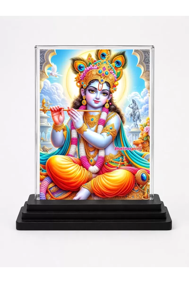 Shree Krishna Acrylic Car Dashboard Showpiece | Double-Sided Shree Krishna Photo Stand | 3 X 4 Inch Photo | Transparent Acrylic Frame With Black Base | Car Dashboard, Office & Table Decor (F71411)
