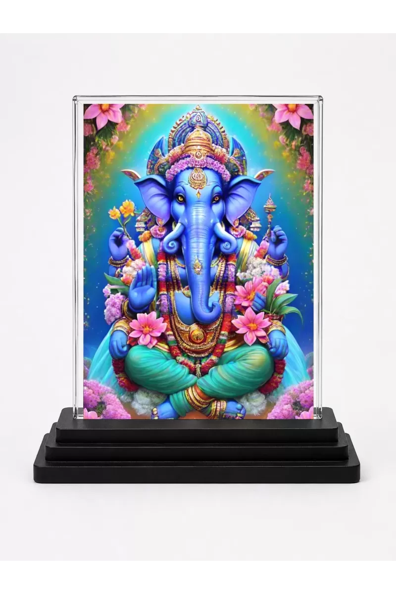 Ganesha Acrylic Car Dashboard Showpiece | Double-Sided Ganesha Photo Stand | 3 X 4 Inch Photo | Transparent Acrylic Frame With Black Base | Car Dashboard, Office & Table Decor (F71412)