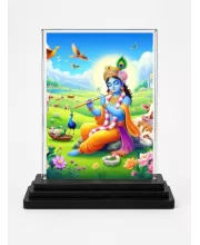 Shree Krishna Acrylic Car Dashboard Showpiece | Double-Sided Shree Krishna Photo Stand | 3 X 4 Inch Photo | Transparent Acrylic Frame With Black Base | Car Dashboard, Office & Table Decor (F71413)