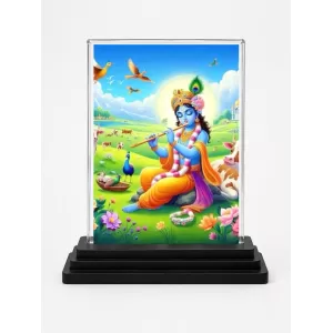 Shree Krishna Acrylic Car Dashboard Showpiece | Double-Sided Shree Krishna Photo Stand | 3 X 4 Inch Photo | Transparent Acrylic Frame With Black Base | Car Dashboard, Office & Table Decor (F71413)