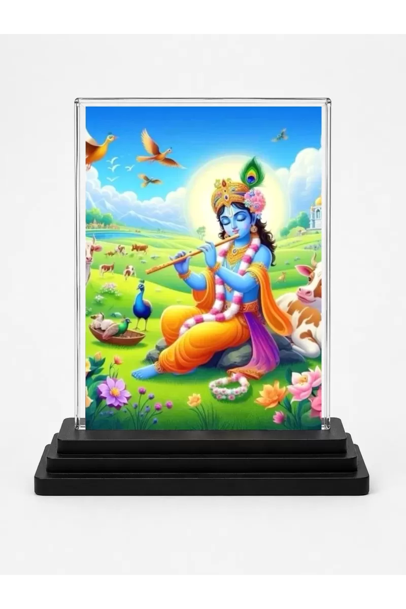 Shree Krishna Acrylic Car Dashboard Showpiece | Double-Sided Shree Krishna Photo Stand | 3 X 4 Inch Photo | Transparent Acrylic Frame With Black Base | Car Dashboard, Office & Table Decor (F71413)