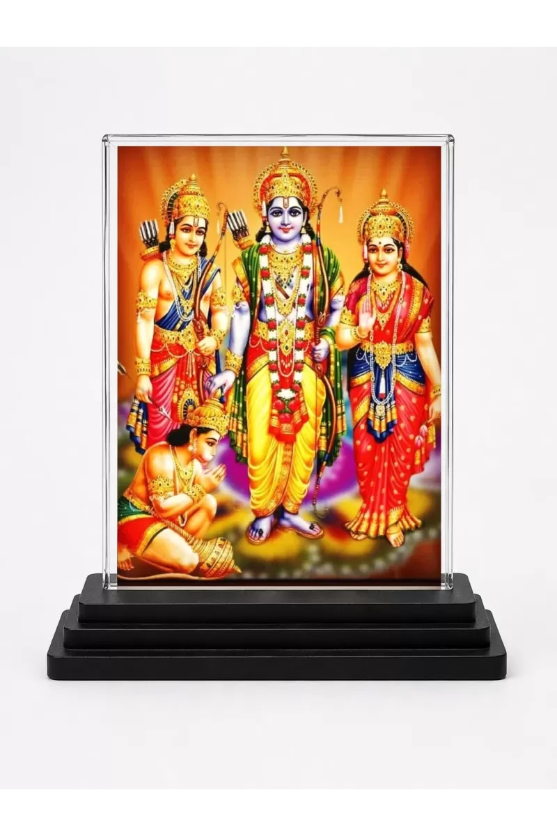 Lord Ram Darbar Acrylic Car Dashboard Showpiece | Double-Sided Lord Ram Darbar Photo Stand | 3 X 4 Inch Photo | Transparent Acrylic Frame With Black Base | Car Dashboard, Office & Table Decor (F71414)