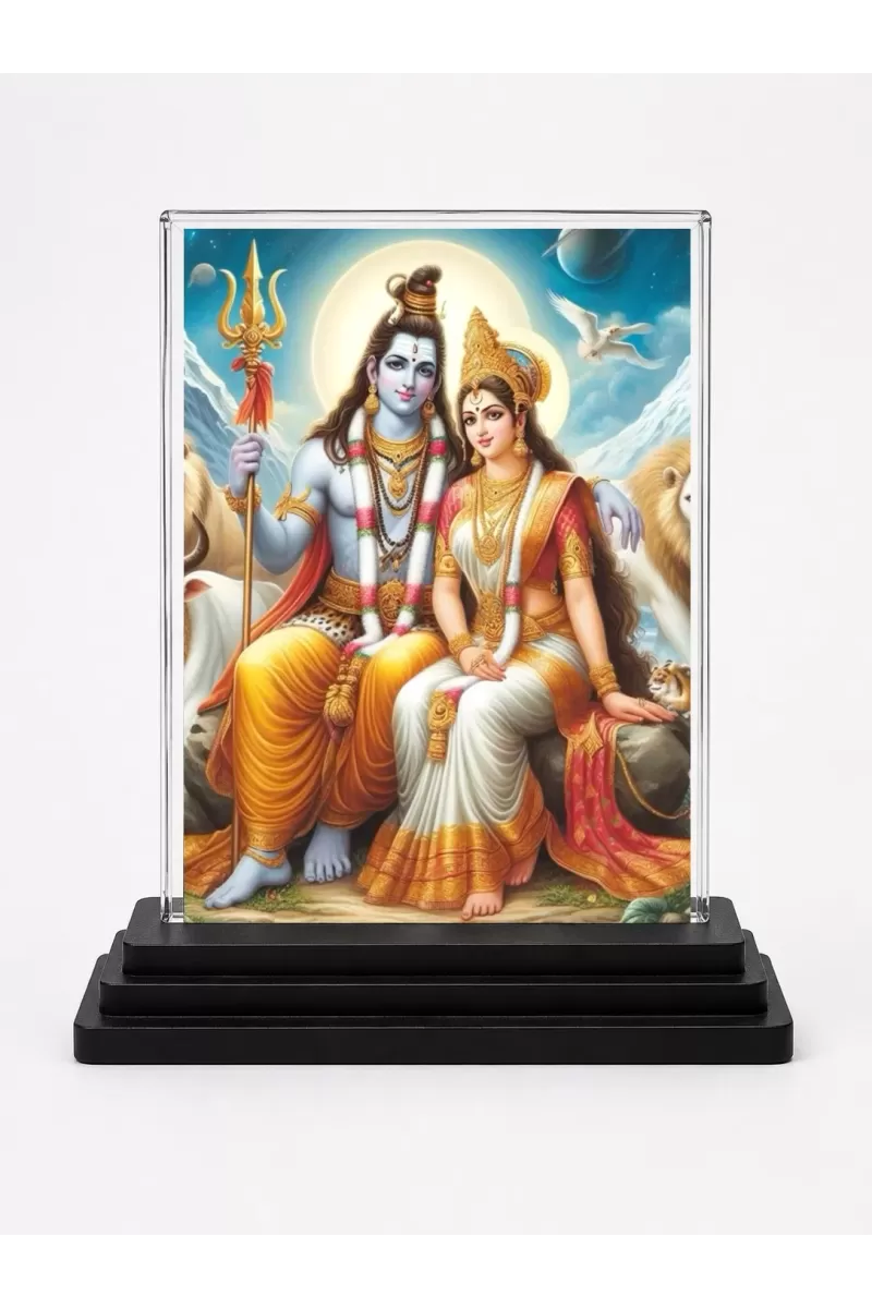 Lord Shiva And Parvati Acrylic Car Dashboard Showpiece | Double-Sided Lord Shiva And Parvati Photo Stand | 3 X 4 Inch Photo | Transparent Acrylic Frame With Black Base | Car Dashboard, Office & Table Decor (F71418)