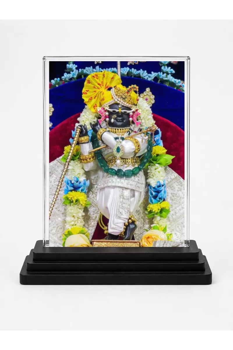 Shree Krishna Acrylic Car Dashboard Showpiece | Double-Sided Shree Krishna Photo Stand | 3 X 4 Inch Photo | Transparent Acrylic Frame With Black Base | Car Dashboard, Office & Table Decor (F71419)