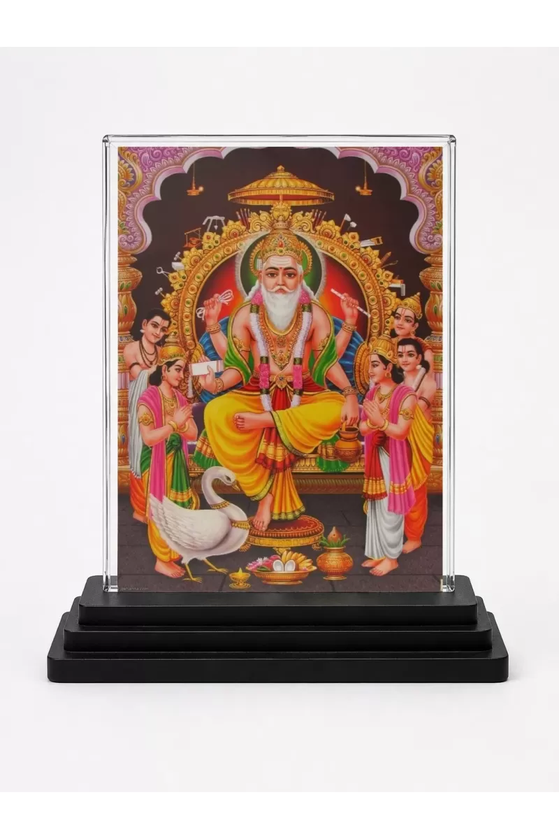 Lord Brahma Acrylic Car Dashboard Showpiece | Double-Sided Lord Brahma Photo Stand | 3 X 4 Inch Photo | Transparent Acrylic Frame With Black Base | Car Dashboard, Office & Table Decor (F71420)
