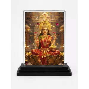 Maa Lakshmi Acrylic Car Dashboard Showpiece | Double-Sided Maa Lakshmi Photo Stand | 3 X 4 Inch Photo | Transparent Acrylic Frame With Black Base | Car Dashboard, Office & Table Decor (F71422)