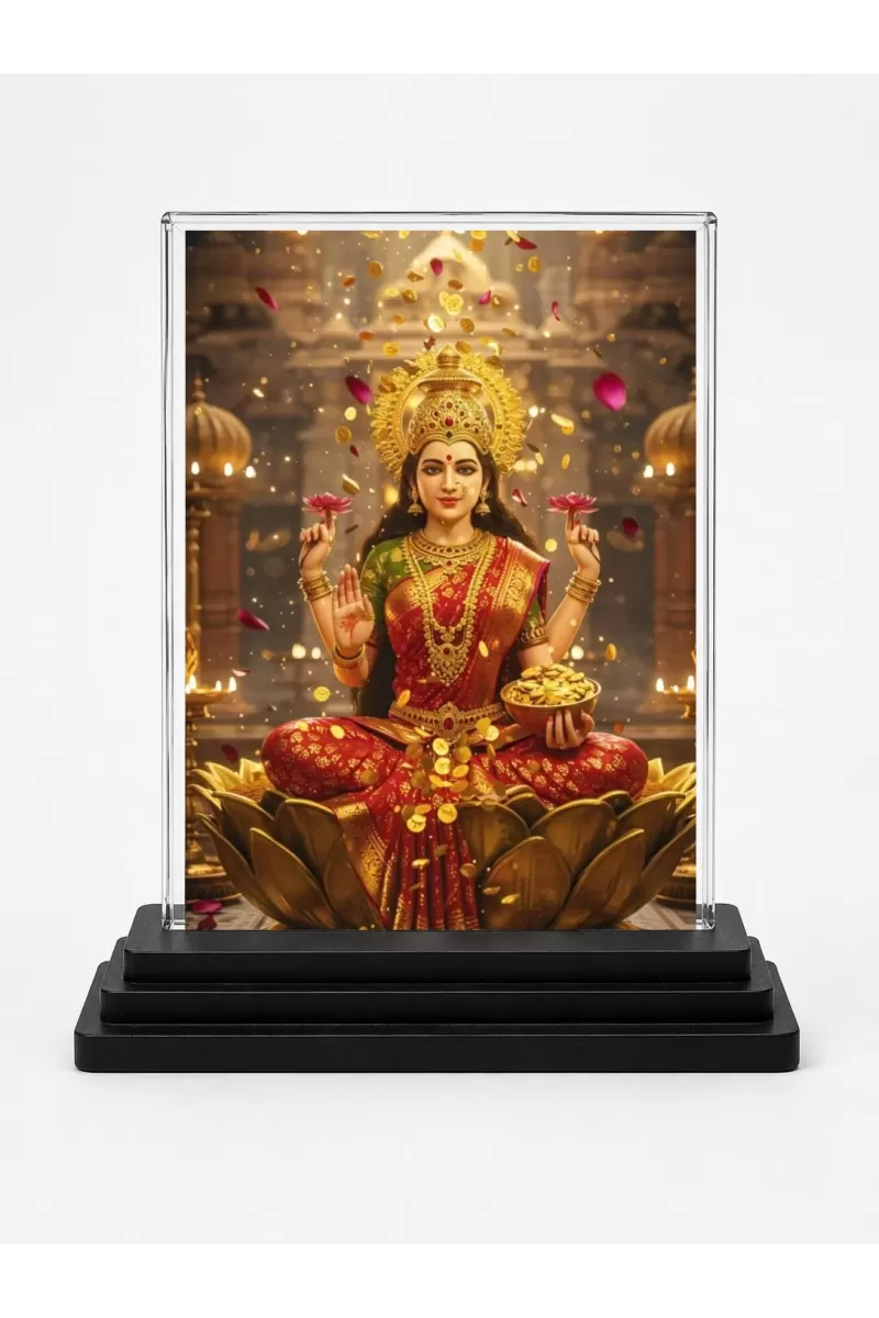 Maa Lakshmi Acrylic Car Dashboard Showpiece | Double-Sided Maa Lakshmi Photo Stand | 3 X 4 Inch Photo | Transparent Acrylic Frame With Black Base | Car Dashboard, Office & Table Decor (F71422)