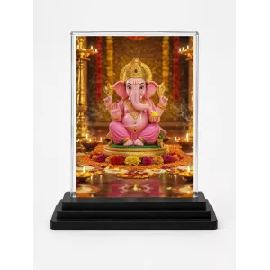 Ganesha Acrylic Car Dashboard Showpiece | Double-Sided Ganesha Photo Stand | 3 X 4 Inch Photo | Transparent Acrylic Frame With Black Base | Car Dashboard, Office & Table Decor (F71424)