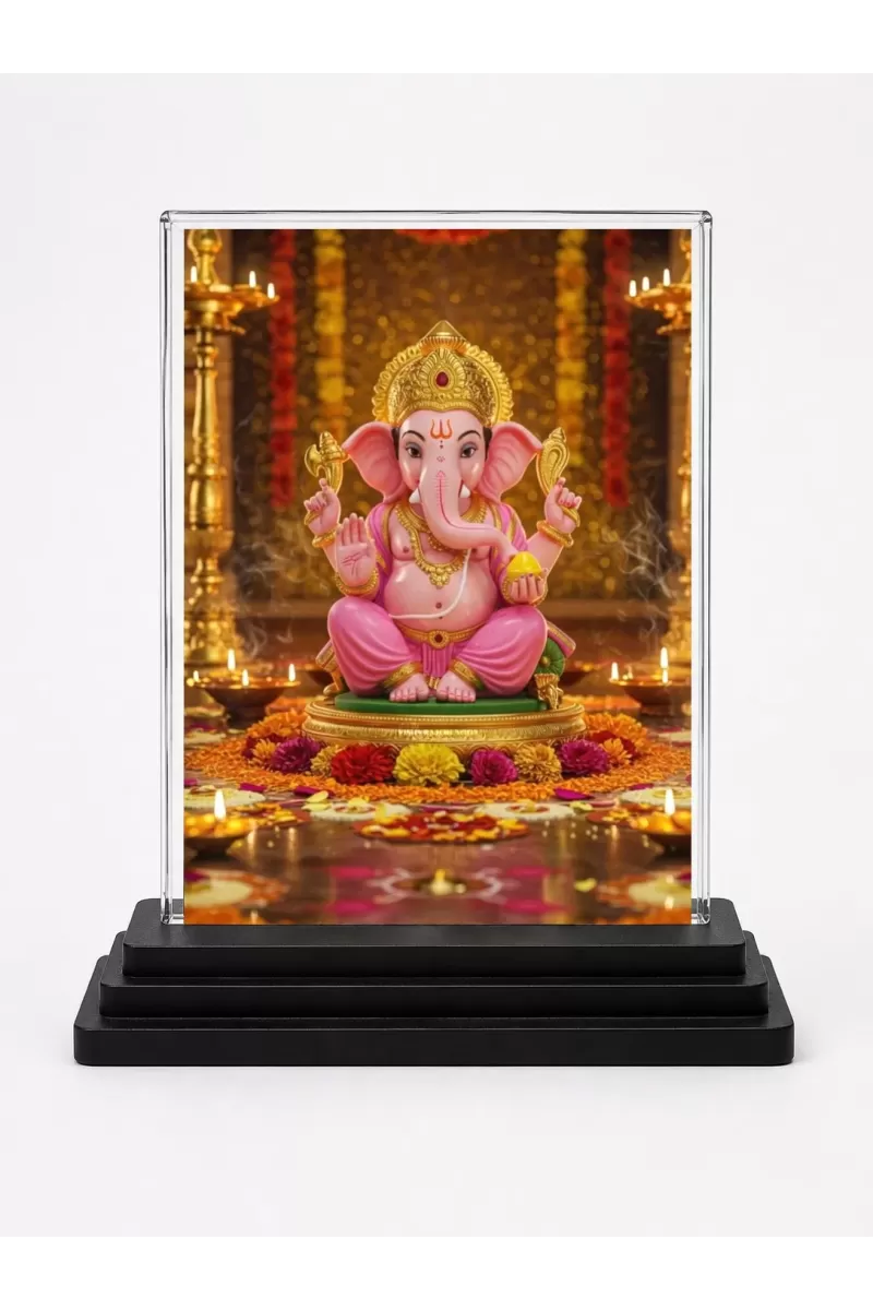 Ganesha Acrylic Car Dashboard Showpiece | Double-Sided Ganesha Photo Stand | 3 X 4 Inch Photo | Transparent Acrylic Frame With Black Base | Car Dashboard, Office & Table Decor (F71424)