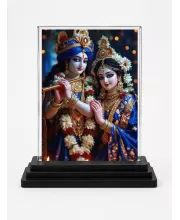 Shree Krishna And Shree Radha Acrylic Car Dashboard Showpiece | Double-Sided Shree Krishna And Shree Radha Photo Stand | 3 X 4 Inch Photo | Transparent Acrylic Frame With Black Base | Car Dashboard, Office & Table Decor (F71425)