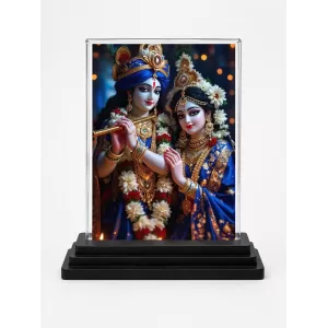 Shree Krishna And Shree Radha Acrylic Car Dashboard Showpiece | Double-Sided Shree Krishna And Shree Radha Photo Stand | 3 X 4 Inch Photo | Transparent Acrylic Frame With Black Base | Car Dashboard, Office & Table Decor (F71425)