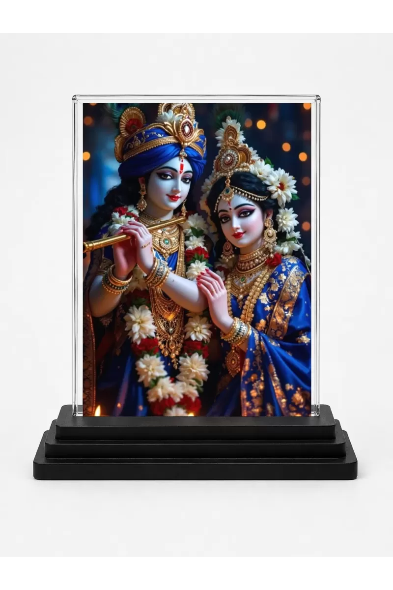 Shree Krishna And Shree Radha Acrylic Car Dashboard Showpiece | Double-Sided Shree Krishna And Shree Radha Photo Stand | 3 X 4 Inch Photo | Transparent Acrylic Frame With Black Base | Car Dashboard, Office & Table Decor (F71425)