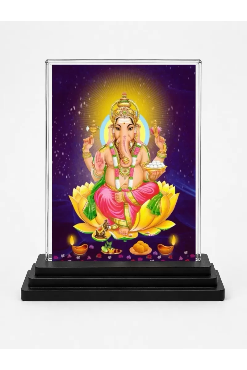 Lord Ganesha Acrylic Car Dashboard Showpiece | Double-Sided Lord Ganesha Photo Stand | 3 X 4 Inch Photo | Transparent Acrylic Frame With Black Base | Car Dashboard, Office & Table Decor (F71426)