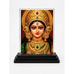 Goddess Durga Acrylic Car Dashboard Showpiece | Double-Sided Goddess Durga Photo Stand | 3 X 4 Inch Photo | Transparent Acrylic Frame With Black Base | Car Dashboard, Office & Table Decor (F71429)