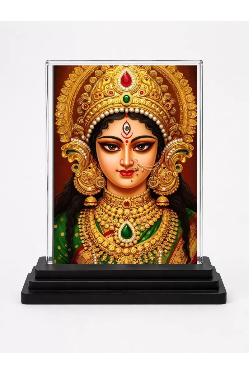 Goddess Durga Acrylic Car Dashboard Showpiece | Double-Sided Goddess Durga Photo Stand | 3 X 4 Inch Photo | Transparent Acrylic Frame With Black Base | Car Dashboard, Office & Table Decor (F71429)