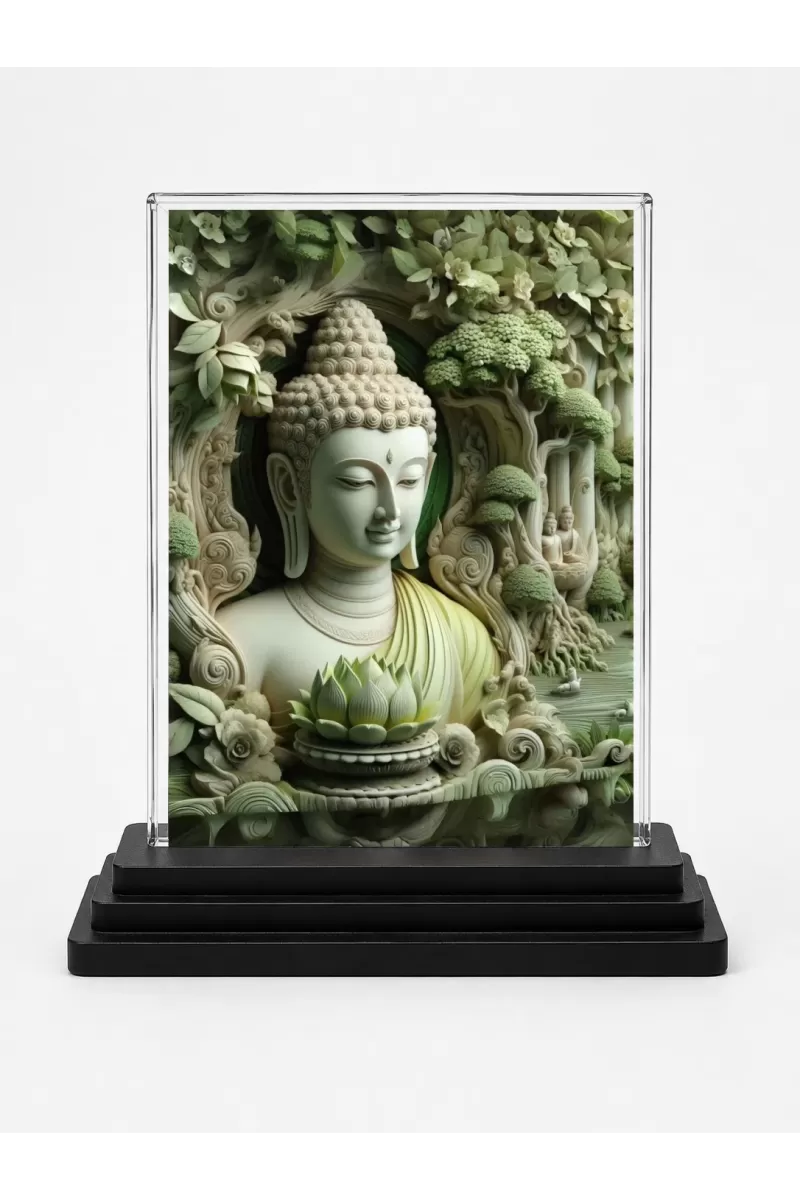 Gautama Buddha Acrylic Car Dashboard Showpiece | Double-Sided Gautama Buddha Photo Stand | 3 X 4 Inch Photo | Transparent Acrylic Frame With Black Base | Car Dashboard, Office & Table Decor (F71430)