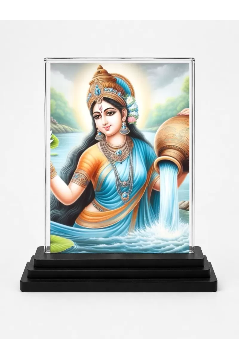 Goddess Ganga Acrylic Car Dashboard Showpiece | Double-Sided Goddess Ganga Photo Stand | 3 X 4 Inch Photo | Transparent Acrylic Frame With Black Base | Car Dashboard, Office & Table Decor (F71436)