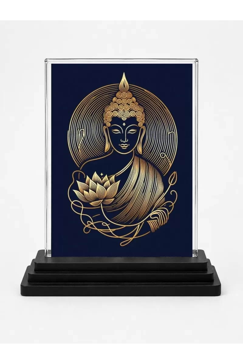 Buddha Acrylic Car Dashboard Showpiece | Double-Sided Buddha Photo Stand | 3 X 4 Inch Photo | Transparent Acrylic Frame With Black Base | Car Dashboard, Office & Table Decor (F71437)