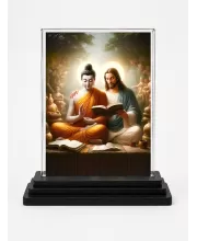 Gautama Buddha And Jesus Acrylic Car Dashboard Showpiece | Double-Sided Gautama Buddha And Jesus Photo Stand | 3 X 4 Inch Photo | Transparent Acrylic Frame With Black Base | Car Dashboard, Office & Table Decor (F71438)